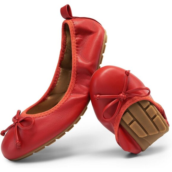 Dream Pairs Women Red Faux Leather Round Toe Bowknot Foldable Ballerine Shoes - Picture 1 of 9